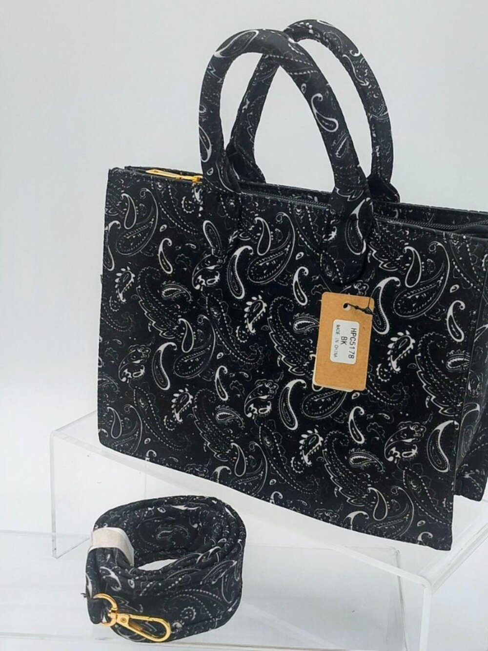 Bandana Print Canvas Medium Tote Bag w/ Wide Crossbody Strap - Black & White